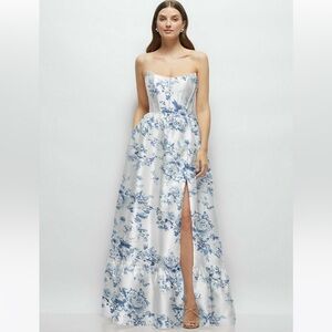 new Dessy Collection strapless corset cat eye bodice gown in cottage rose floral